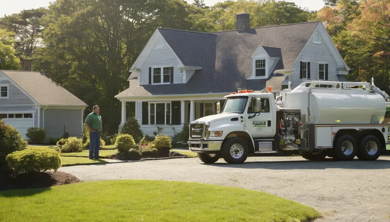 A friendly septic provider talking with a homeowner beside a yard in Princeton